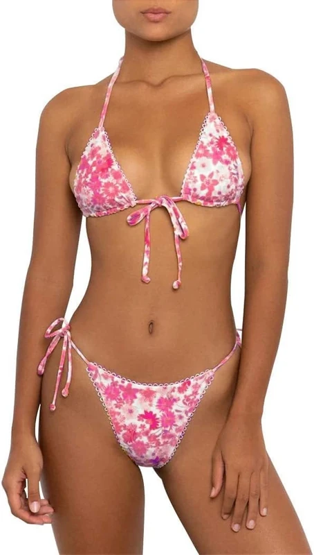 Aretas Womens Pink Floral Print Bikini Sets Two Piece Swimwear Triangle String Halter Sexy Thong Bikini Swimsuit Bathing Suit for Women