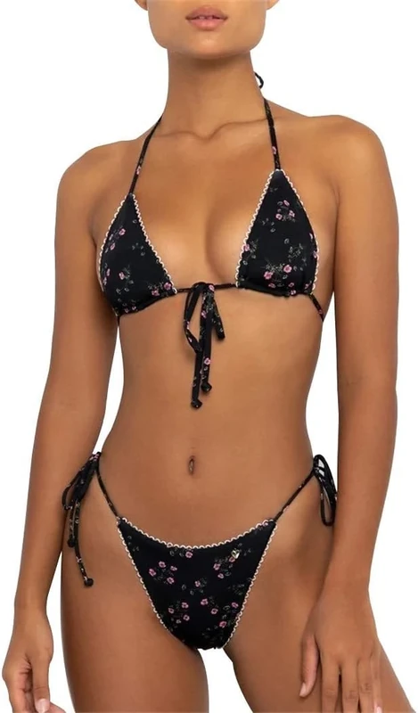 Aretas Womens Black Floral Print Bikini Sets Two Piece Swimwear Triangle String Halter Sexy Thong Bikini Swimsuit Bathing Suit for Women