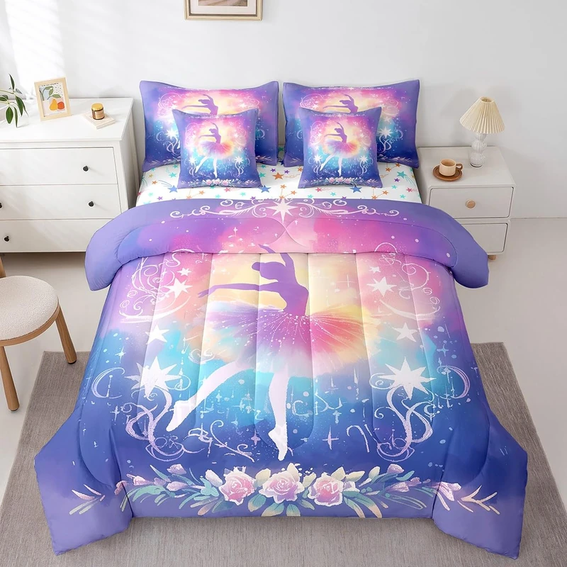 Feelyou Kids Ballet Dancer Comforter Set with Sheets Full Size, Ballerina 7 Pieces Bedding Set Boys Girls Dreamy Princess Bed in A Bag Dancing Teens Bed Set Bedroom Decor 7Pcs