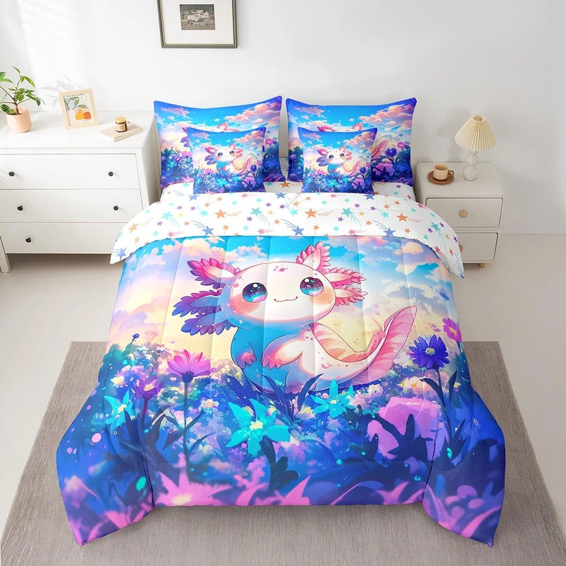 Feelyou Kids Cute Axolotl 7 Pieces Bedding Set Full Size, Cartoon Animal Comforter Set with Sheets Boys Girls Kawaii Ocean Sealife Bed in A Bag Floral Teens Bed Set Bedroom Decor 7Pcs