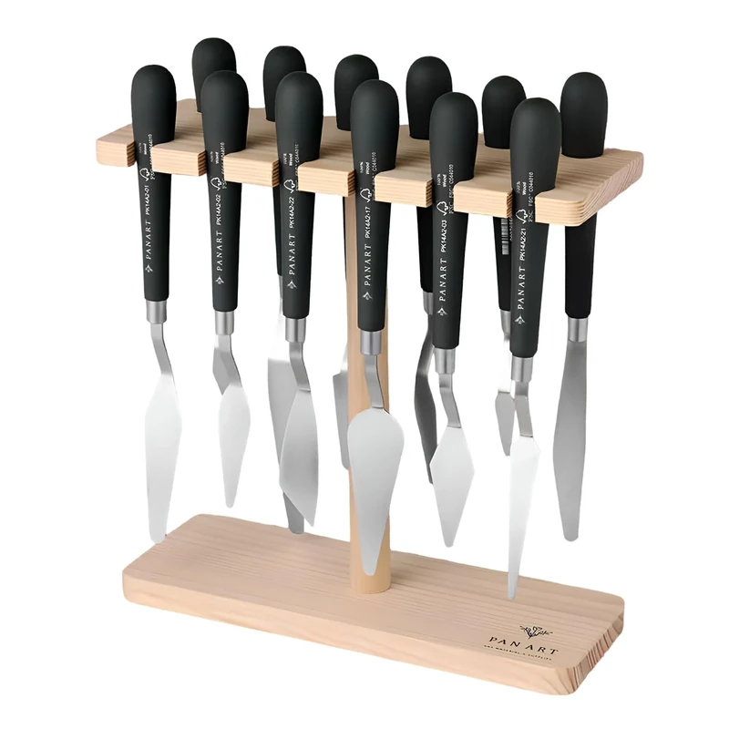 Pan Art palette knife with wooden stand - 1 piece, brown and black
