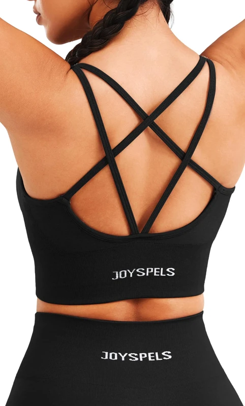JOYSPELS Women's Sports Bra Seamless Longline 4-Way Stretch Yoga Top with Removable Pads for Gym, Workouts, Running Black S