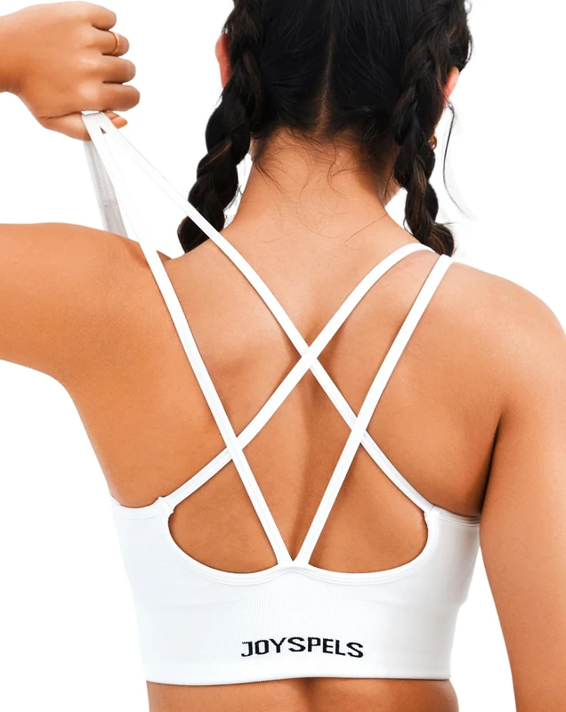 JOYSPELS Women's Sports Bra Seamless Longline 4-Way Stretch Yoga Top with Removable Pads for Gym, Workouts, Running White M