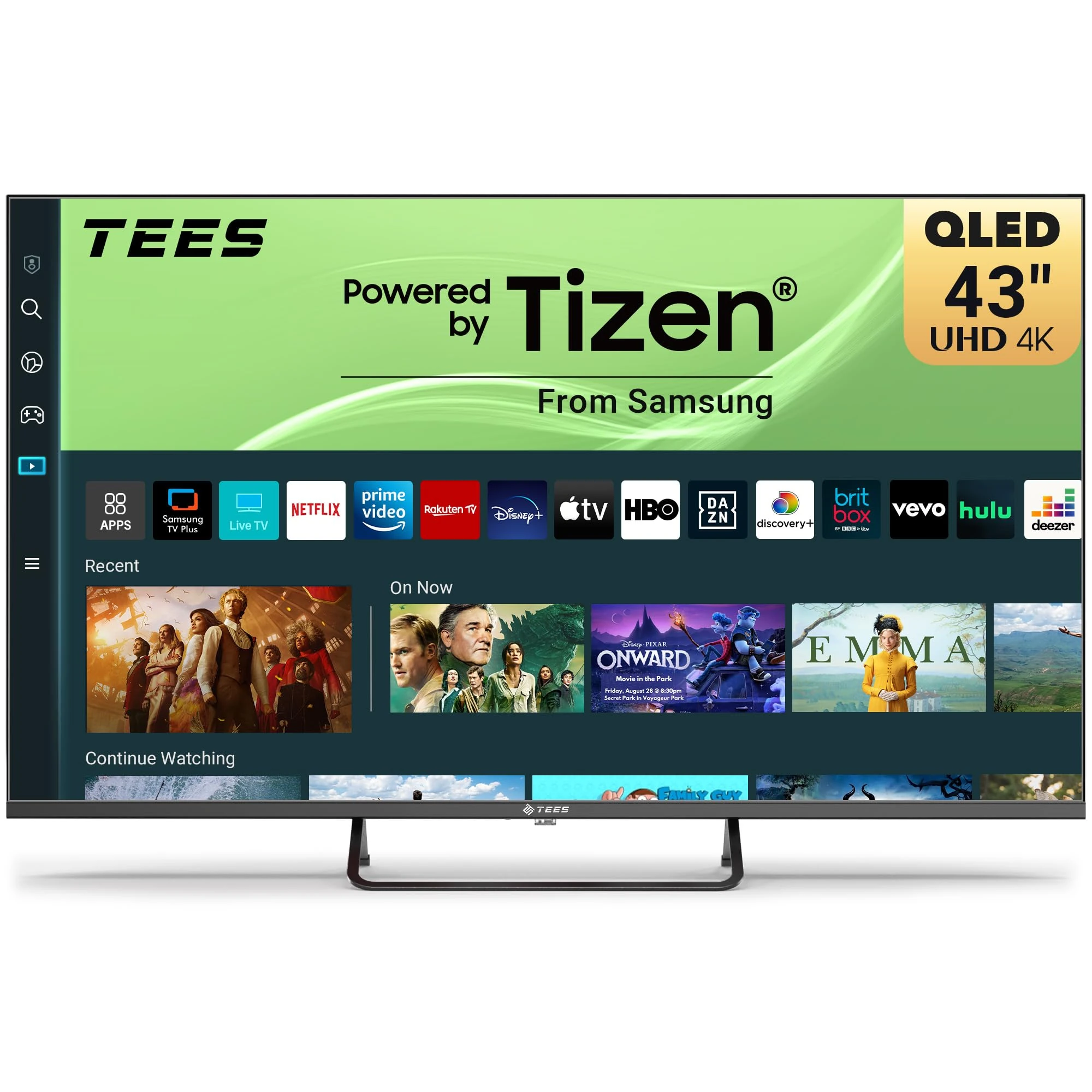 Tees 43 inch 4K QLED Smart TV, Central Stand Design Tizen OS UHD Television with Apple TV+ BBC Netflix Freeview Gaming Hub, MEMC HDR10 Ideal Large Screen for Liaving Room, Made in the UK