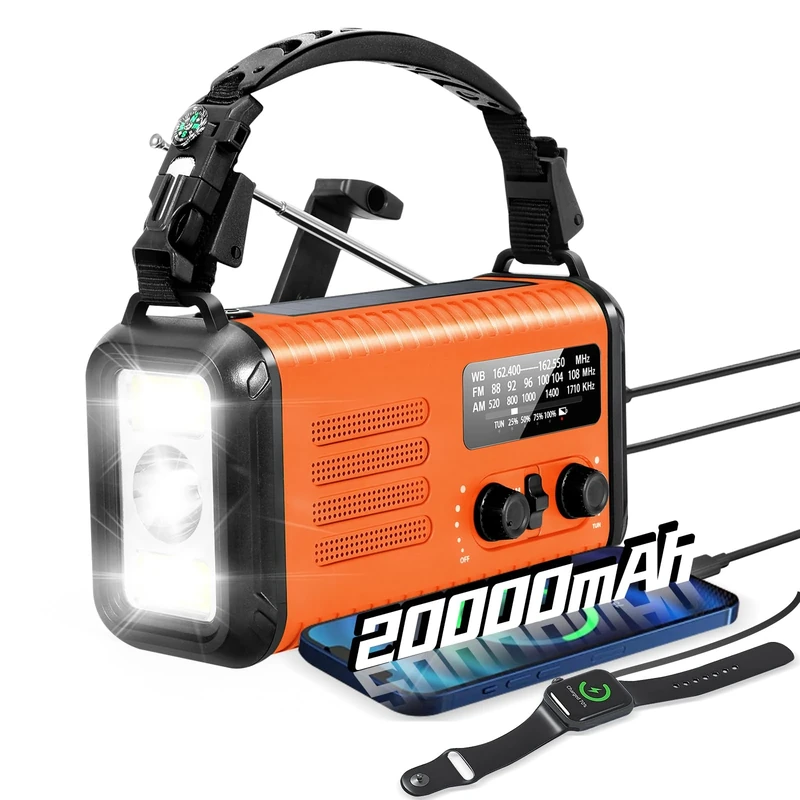 Emergency Wind Up Radio, 20000mAh Solar Radio, Hand Crank Radio with AM/FM/NOAA, Portable Radios with Flashlight & Reading Lamp, Earphone Jack, SOS Alarm, Phone Charger for Indoor Outdoor (Orange)