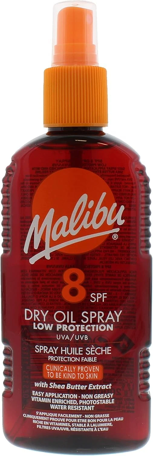 Malibuu Dry Oil Spray SPF 8 (200ml) – Lightweight, Water-Resistant Sun Protection with Nourishing Oils