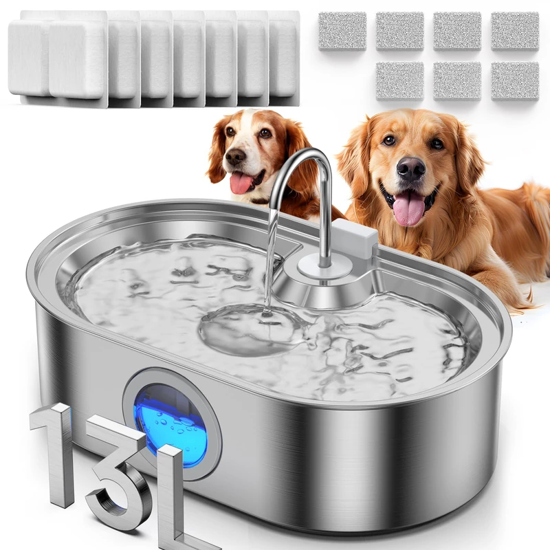 3.4Gal Dog Water Fountain for Large Dogs, 13L Stainless Steel Large Pet Fountain with Deeper & Wider Drinking Area, Automatic Dog Water Bowl Dispenser with Water Window (with 7 Filters)