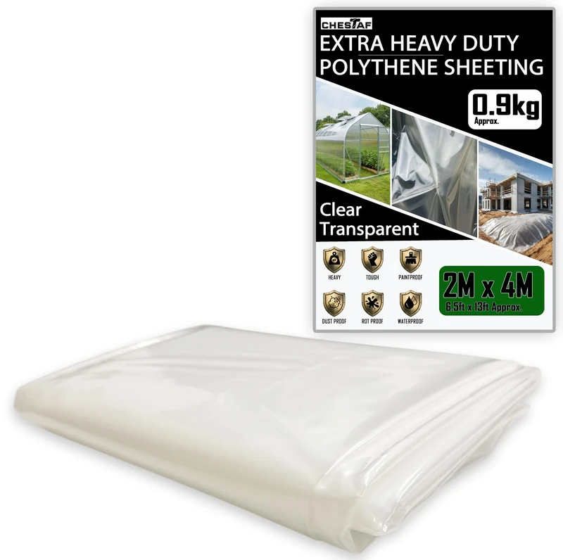 Extra Thick Plastic Sheeting 0.9KG Heavy Duty 2M X 4M Clear Polythene Sheet Thickened Polytunnel Membrane Greenhouse Waterproof Garden Dust Sheet Gardening Grow Insulation Building Rubble Protection