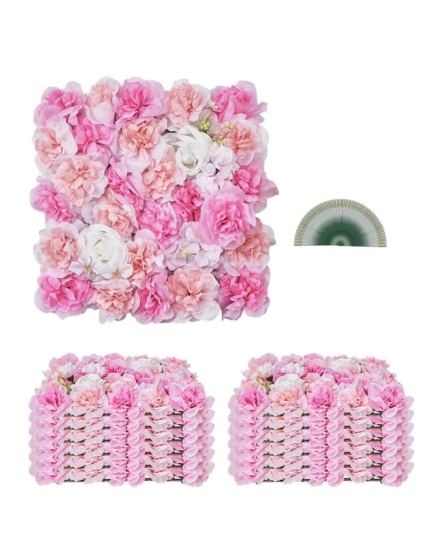 VEVOR 3D Flower Wall Panel, 12 PCS 15 x 15 inch, Artificial Floral Wall Background Mesh Backing Mat,Seamless Design&Easy Installation for Wedding Valentines Day Home Baby Party Backdrop Decor,Pink