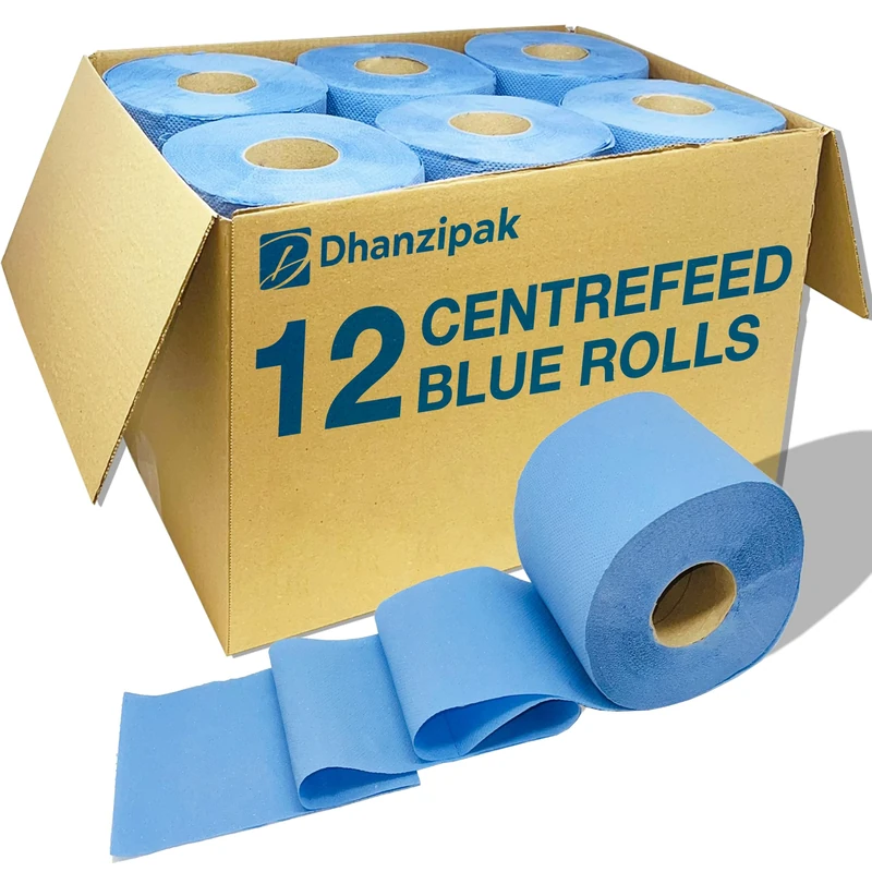 DHANZIPAK 12 x Value Pack Blue Centrefeed Roll – 2-Ply, 46m Per Roll (200 Sheets) – 166mm Height – Super Absorbent & Strong – Ideal for Cleaning, Catering, Kitchens, Garages & Commercial Use.