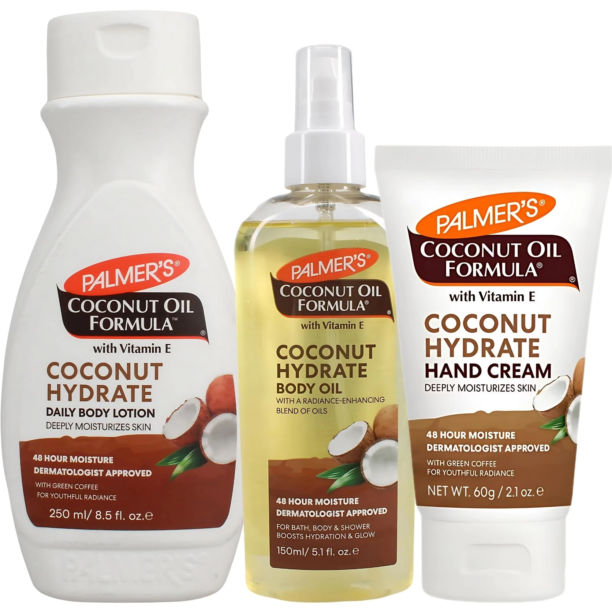 Palmers Coconut Oil Bundle - Body Oil 150ml, Body Lotion 250ml, and Hand Cream 60g - Coconut Hydrate and Moisturizing Skin Care Set