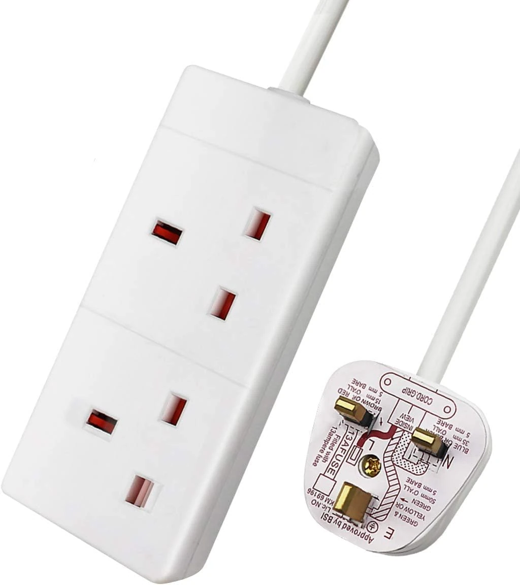 Double Socket Extension Lead 2 Meter 2 Way Mains Power 3 Pin Fused UK Plug Strip 13A 2 Gang Extension Lead 2m Cable White Suitable For Outdoor Home