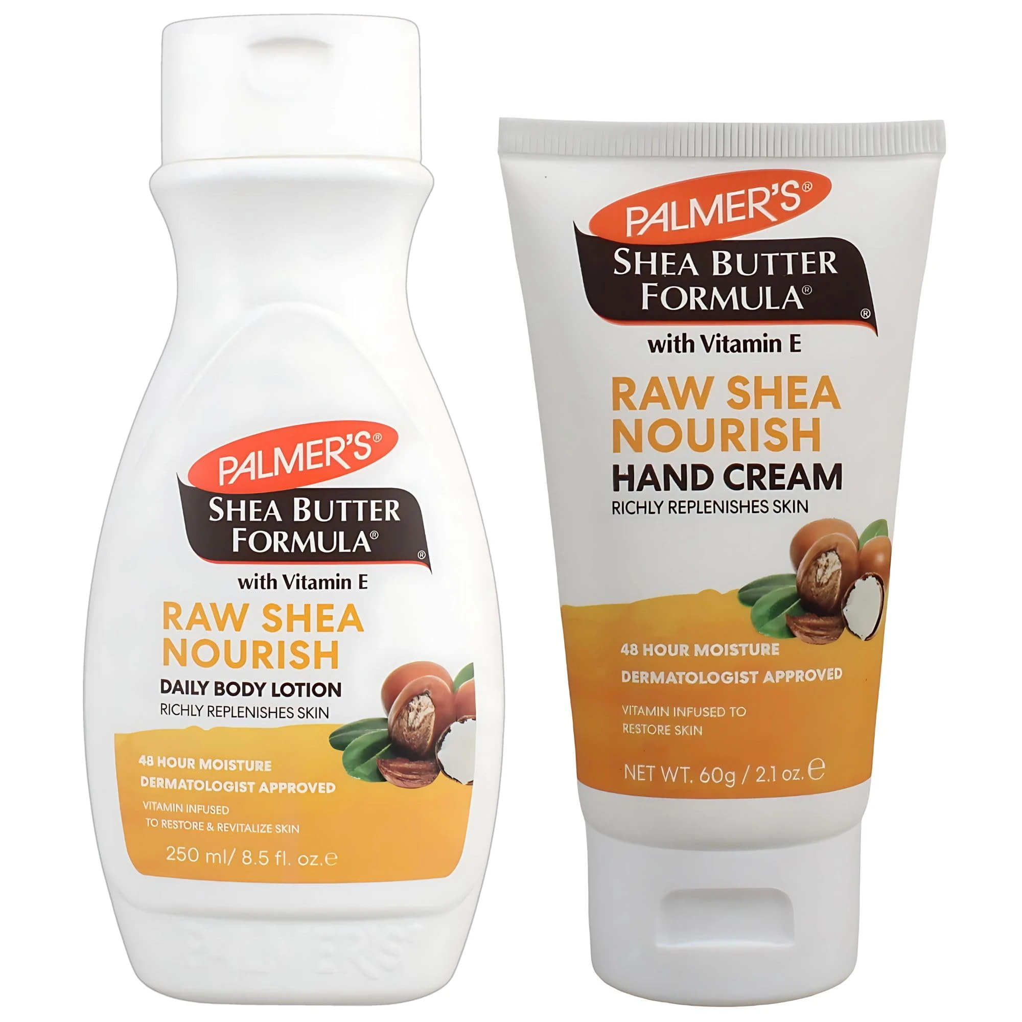 Palmers Shea Butter Hand and Body Moisturiser Bundle - Raw Shea Nourish Body Lotion 250ml and Hand Cream 60g