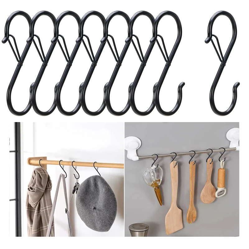 bonitacrylic 18 Pack S Shaped Hooks Metal for Hanging Heavy Duty Large Black 9 cm Long with Safety Buckle for Pan Utensil Closet Rod Outdoor Lights Kitchenware Bathroom Garden Office Plant