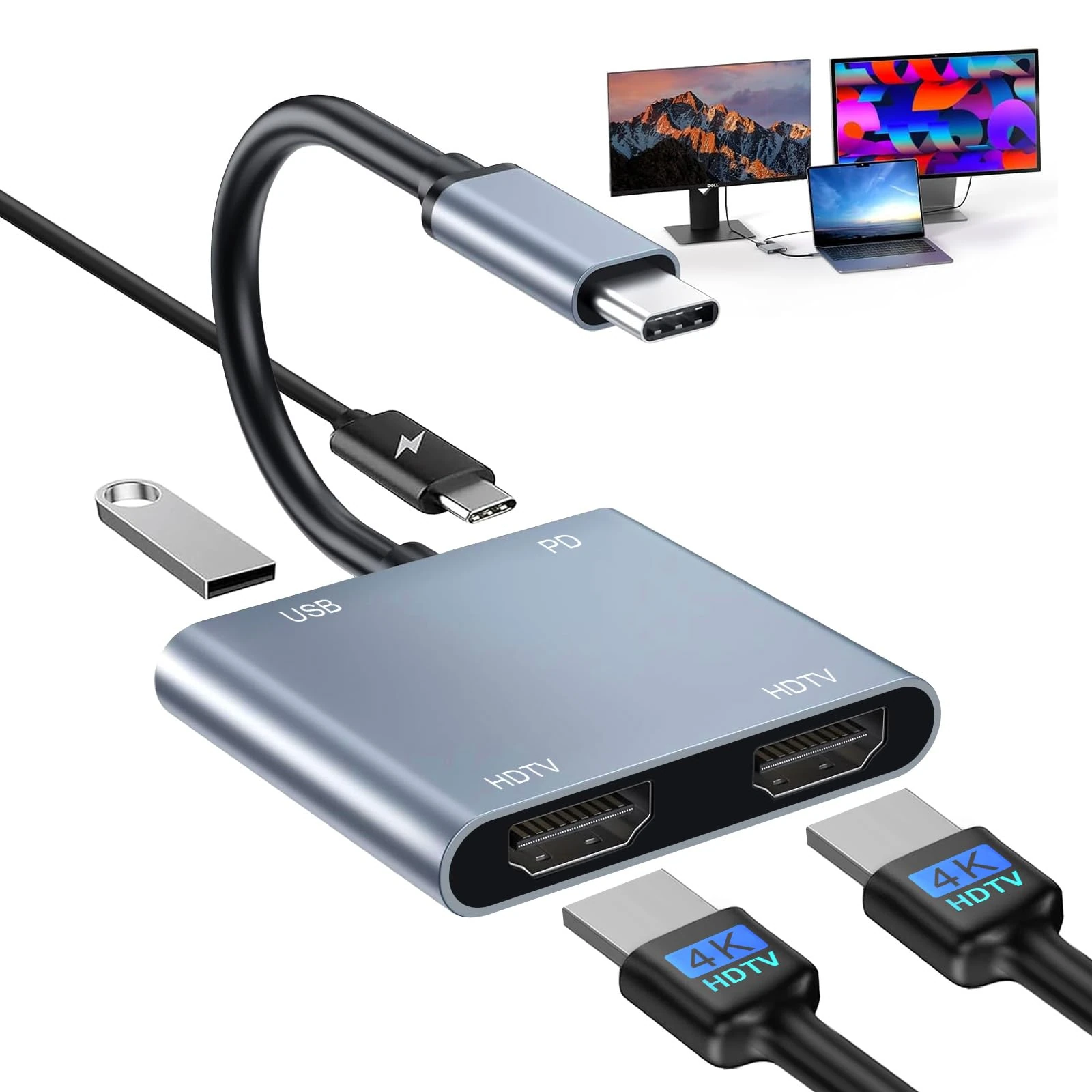 USB C to Dual HDMI Adapter, 4 in 1 HDMI Splitter for Dual Monitors 4K, USB 2.0, PD 100W, Type C to Dual Monitors Adapter Multiport, USB C Hub 4K@60Hz for MacBook Pro/Air/iPad/Surface/Dell
