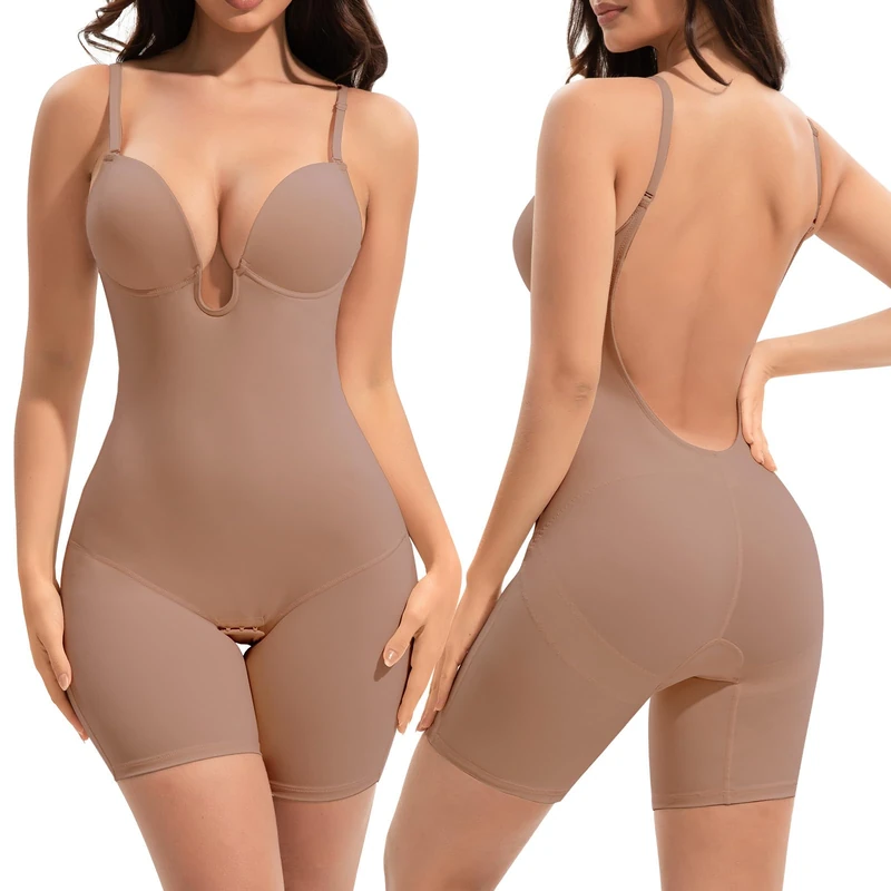 Slimers Backless Shapewear Tummy Control: Low Back Plunge Shapewear Bodysuit - Slimming Built-In Bra Full Body shaper Woman, Skin-pink, Medium