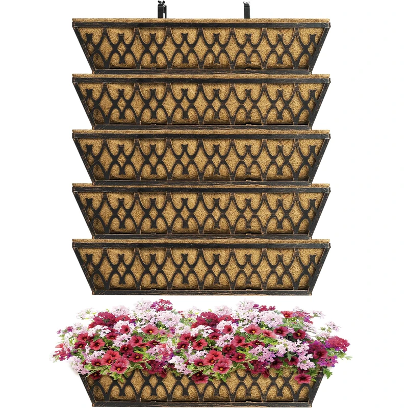 6 Pack 24 Inch Window Boxes Planters Railing Planter Box with Adjustable Brackets for Porch Fence Patio Balcony Hanging Flower Baskets with Coco Liners for Outdoor Garden Decor - Bronze