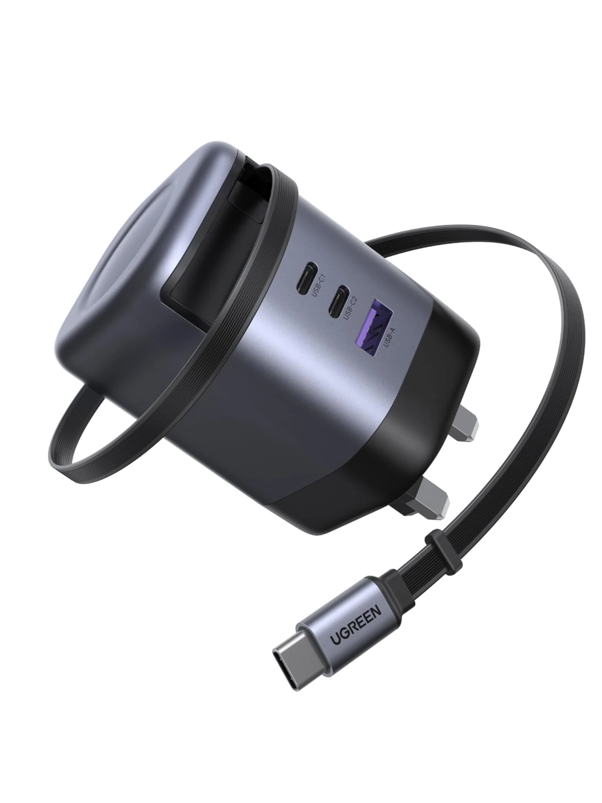 UGREEN 100W USB C Charger Nexode 2C1A with Built-in Retractable Cable(0.75m) GaN Fast Wall Charger Plug UK for MacBook Pro/Air, iPhone 17/Air/17 Pro/16/15, iPad, Galaxy S25/S24, etc