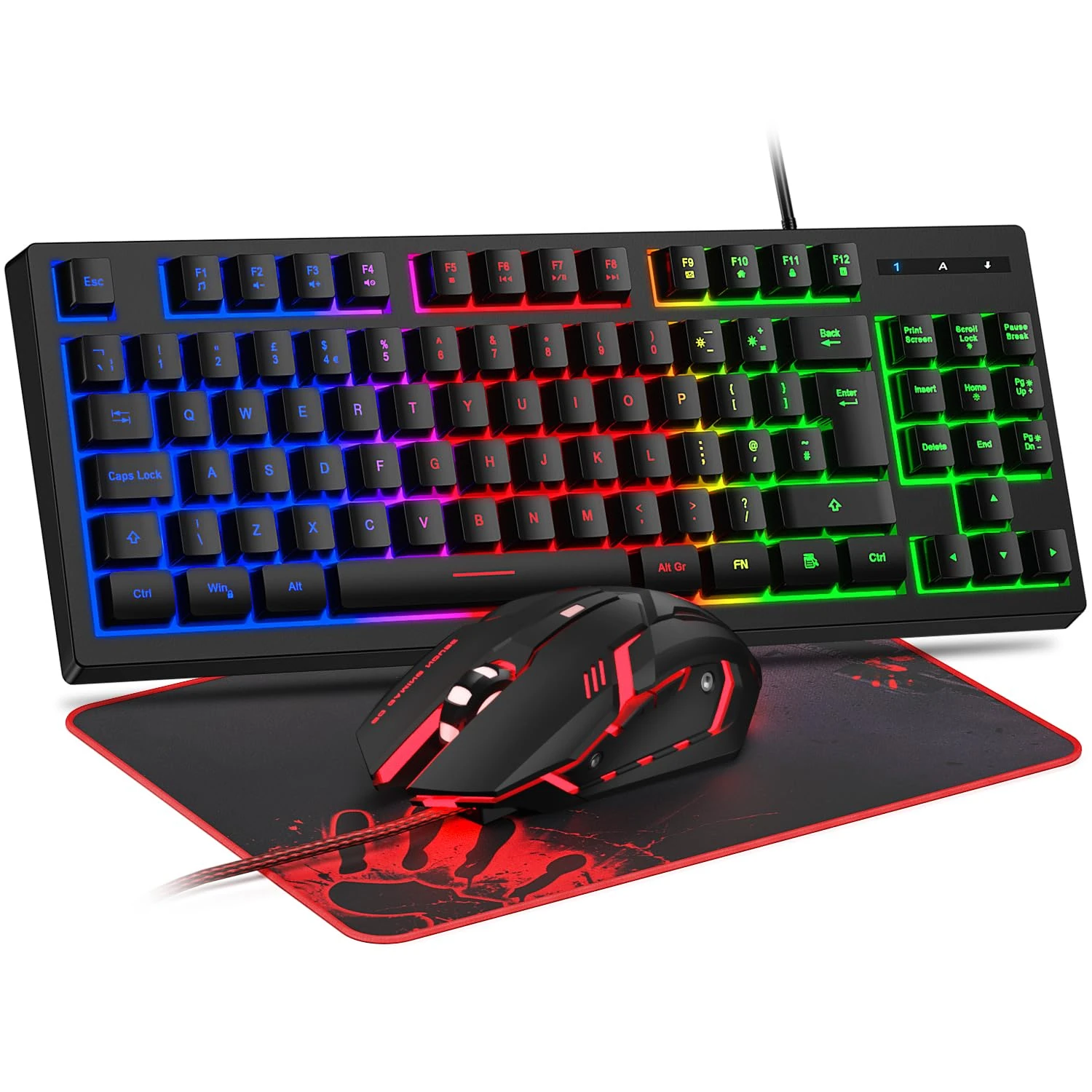 Rewurnth Gaming Keyboard and Mouse Set, UK Layout 75% TKL RGB Backlit Wired Keyboard, Ergonomic 4-Color LED Gaming Mouse, Large Mouse Pad, USB Plug & Play for PC, Mac, Xbox, PS4