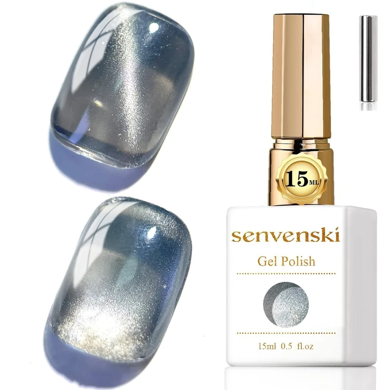 Senvenski Jelly Glass Cat Eye Gel Nail Polish with Magnet 15ML Magnetic 3D Galaxy Holographic Glitter Translucent Sheer Color Gel Polish Salon Home DIY (Black, MY1-013)