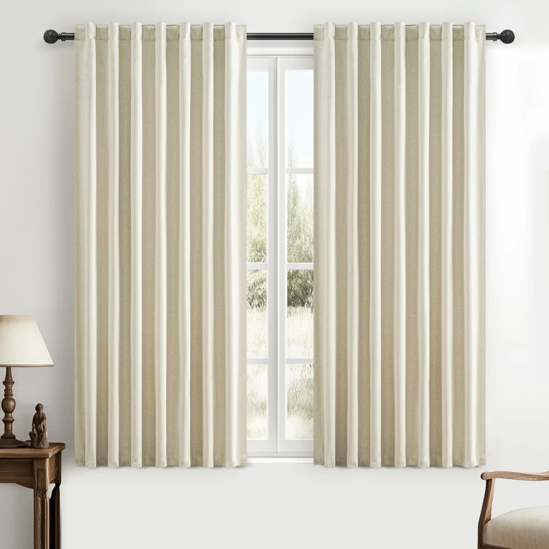 QJmydeco Warm Cream Thick Linen Black Out Curtains 45 Inch Long for Living Room 2 Panels Set, Short Farmhouse Pleated Room Darkening Window Drapes Insulated Privacy for Kids Bedroom 50" W x 45" L