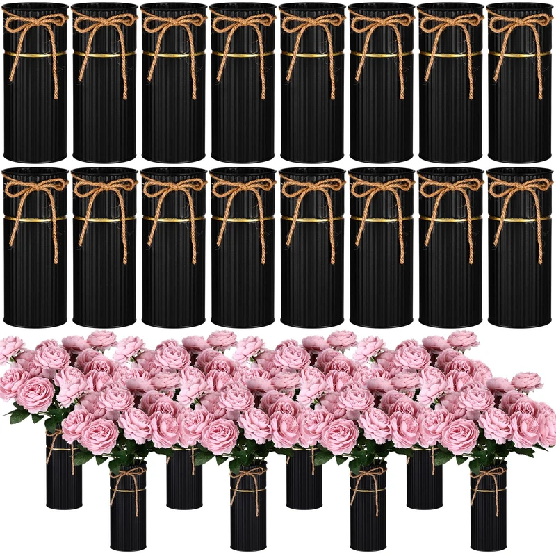 Mimorou 16 Pcs 7.48 Inch Vases for Centerpieces Galvanized Metal Flower Vase with Twine Bow Rustic Vintage Wedding Mason Jars Farmhouse Tin Bucket Decor for Artificial Flowers Home Table (Black)