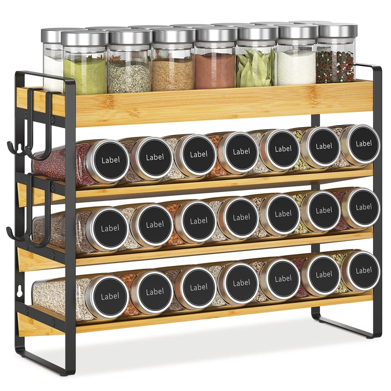 EsLuker.ly Spice Seasoning Rack Organizer Kitchen Countertop, 4 Tier Bamboo