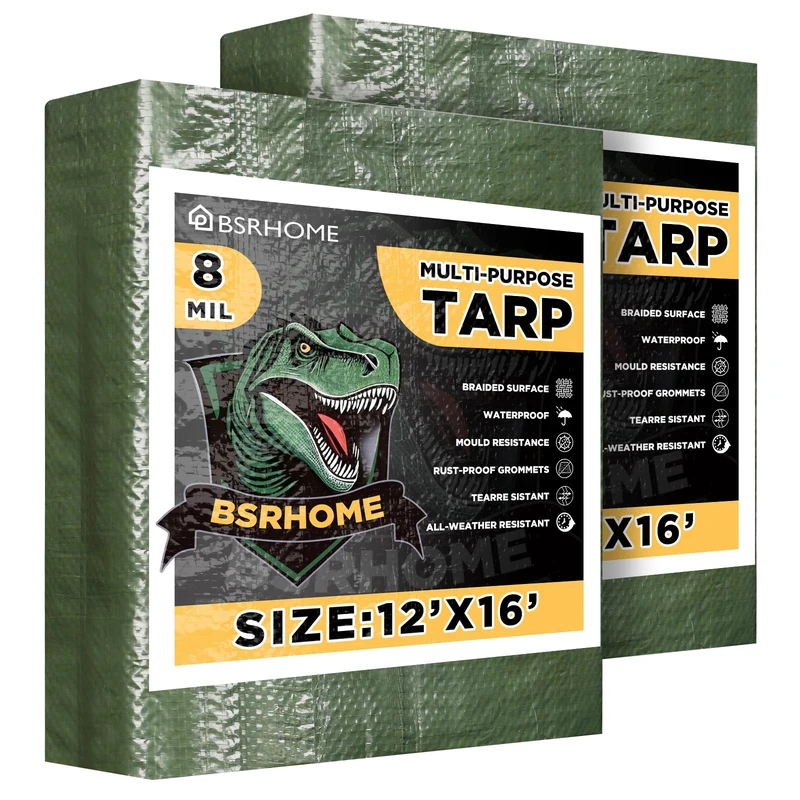 Waterproof Tarps 12x16 Feet, 2 Pack Heavy Duty Green Tarp Cover 8 Mil Thick, Resistant Plastic Tarpaulin with Metal Grommets, Outdoor Tent Cover for Emergency Rain