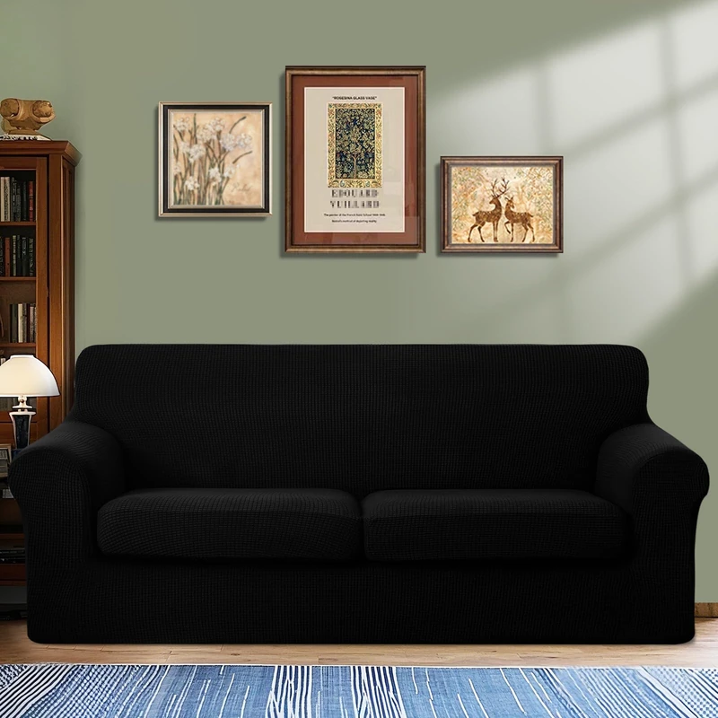 Luxshare Home 3 Pieces Stretch Couch Cover for 2 Cushion Furniture Protector Sofa Covers Washable Pet Dog Friendly Non Slip Cover with Elastic Bottom(72"-92" Sofa 2 Cushion/Black)
