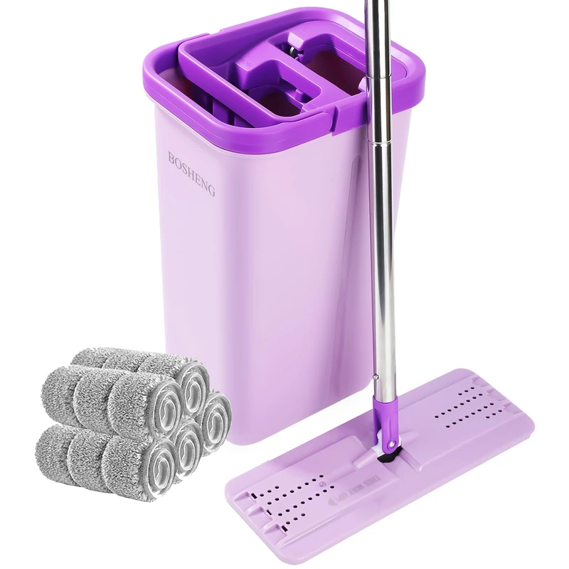 BOSHENG Mop and Bucket with Wringer Set, Hands Free Flat Floor Mop and Bucket, 5 Washable Microfiber Pads Included, Wet and Dry Use, Home Floor Cleaning System for All Floor Types and Windows,Purple