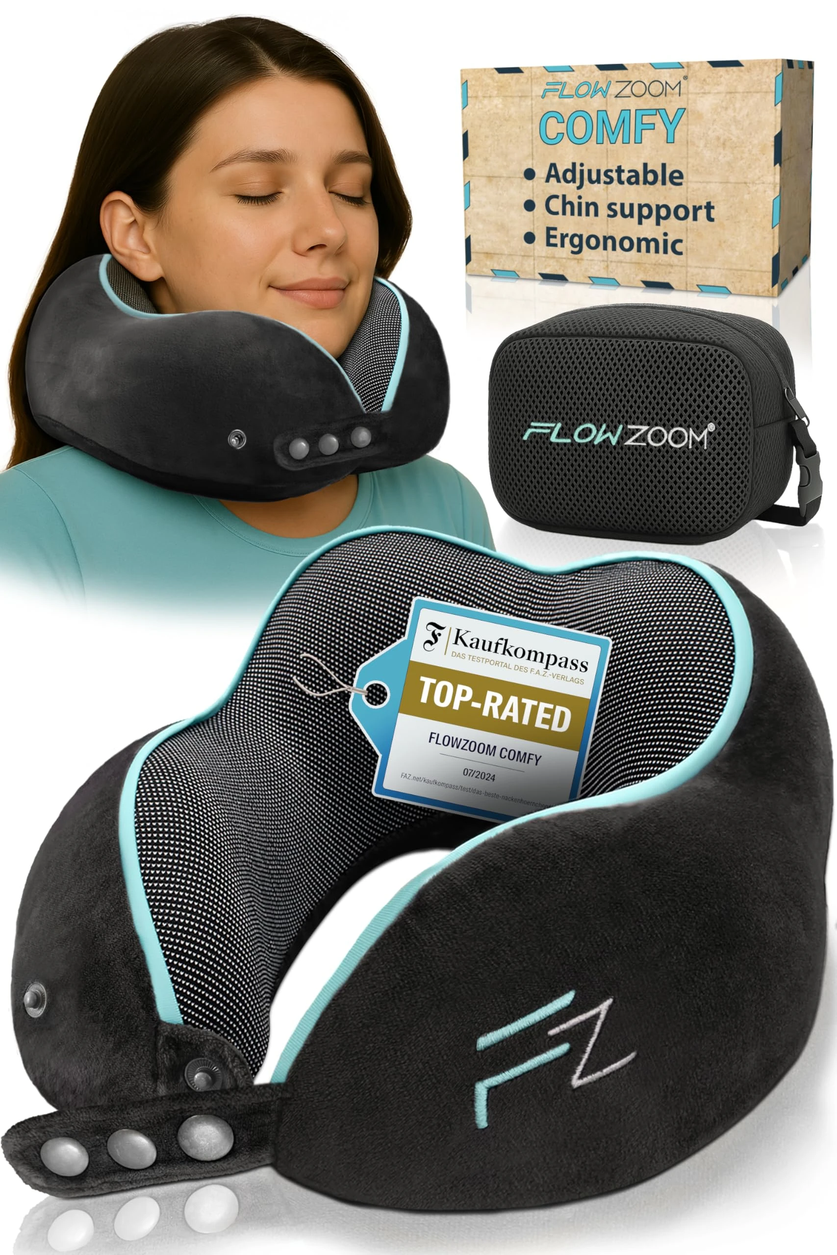 FLOWZOOM Comfy Memory Foam Travel Pillow for Airplane & Car – Adjustable Travel Neck Pillow with 360° Support, Soft, Washable Plush Cover and Compact Mesh Bag - Black