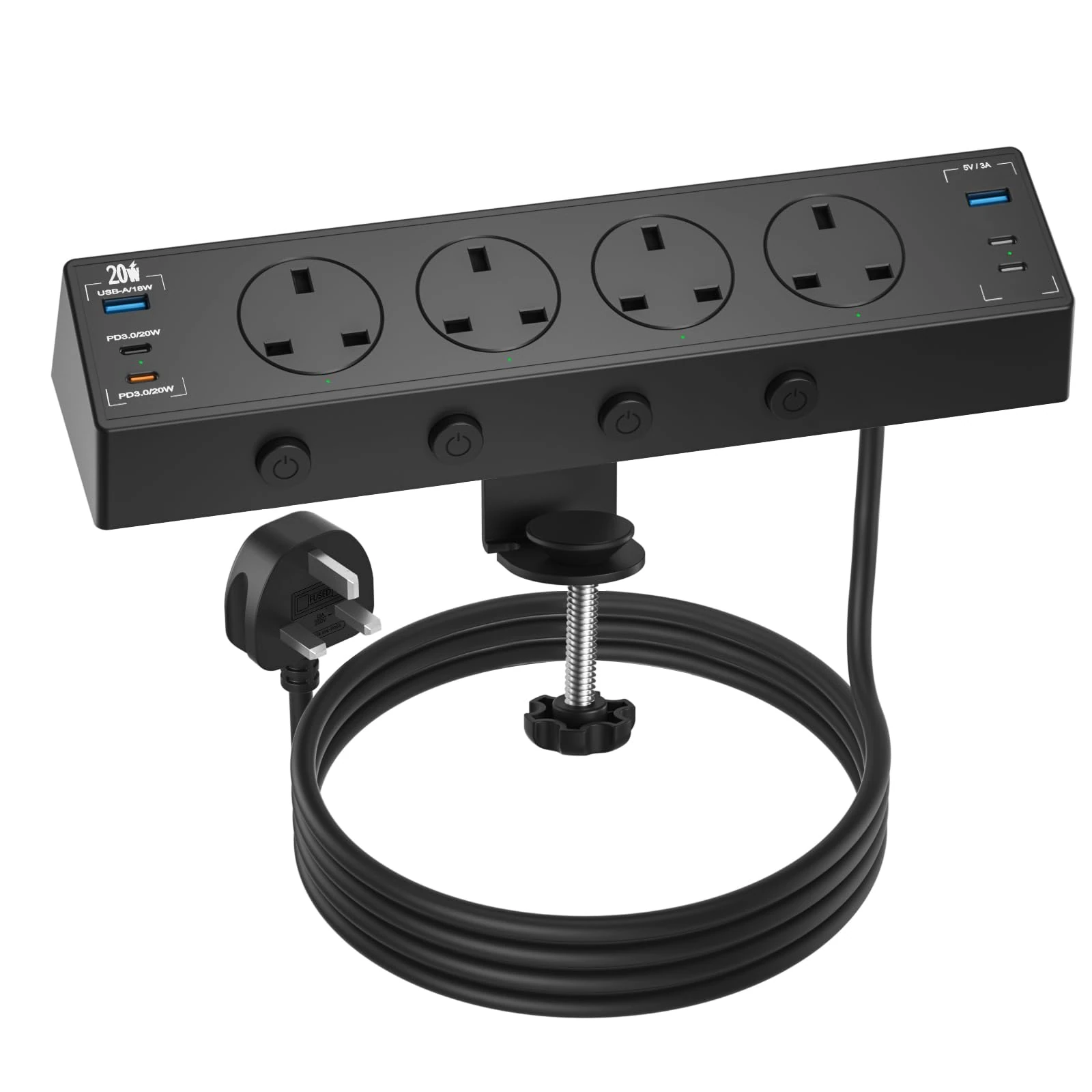 Desk Power Socket USB C 20W, 4 Way Desktop Socket Individually Switchable with 4 USB C and 2 USB A, Desk Extension Lead, Overload Protected Power Strip 2M for Home Office (Black)