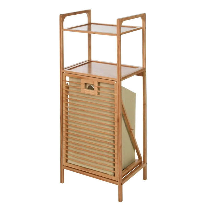 Well Home Bamboo Bathroom Shelf with 2 Shelves and Laundry Bag 40x30x95cm