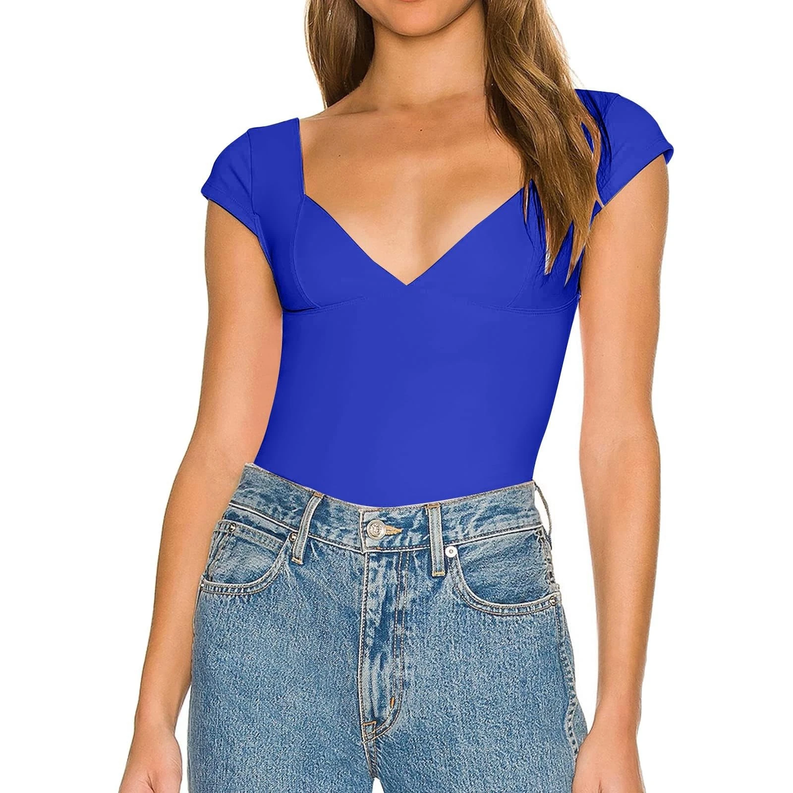 PAIDAXING Tops for Women UK Deep V Neck Short Sleeve Sexy Slim Fitted Crop Tops Casual Summer Basic Tees Skinny Pullover T Shirts Ladies Trendy Streetwear Soft Going Tops Dark Blue