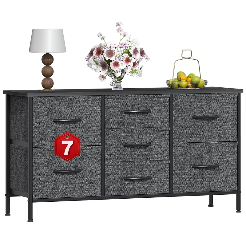 GoaHi Chest of Drawers, Small Dressers with Metal Frame and MDF Wooden Top Board, Adjustable Feet, Anti-Tip Safety, Storage Unit with 7 Drawers for Bedroom, Living Room, Closet, Office Deep Gray