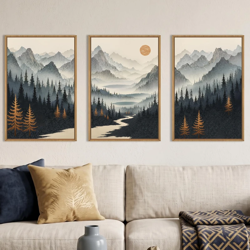 Ausril Watercolor Misty Forest Framed Canvas Wall Art Set, Foggy Mountain Wall Decor, Misty Pine Tree Wall Painting, Large Nature Landscape Art Prints for Living Room, Bedroom, Office - 24"X36"X3