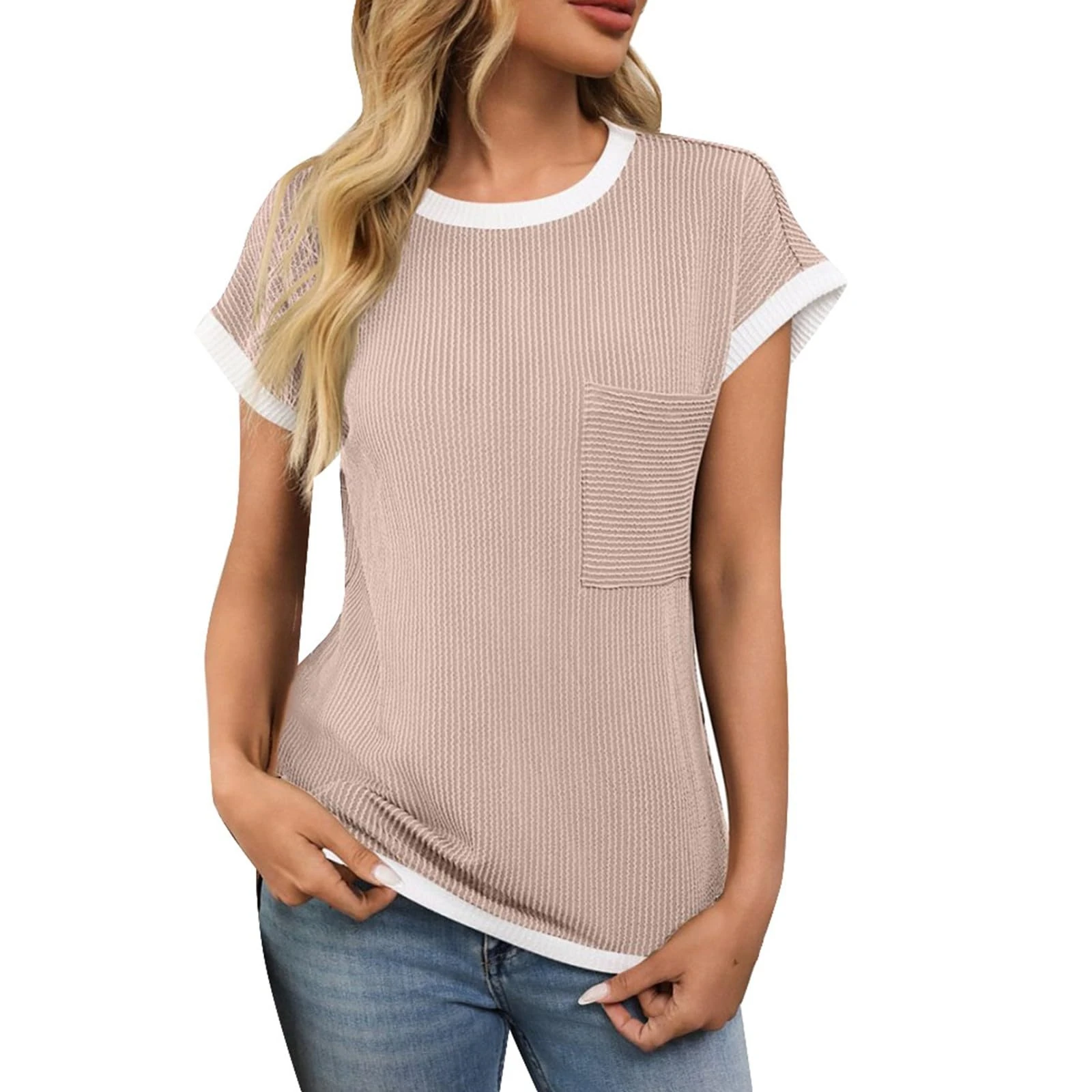 Women's Ribben Knit T Shirts Summer Casual Short Sleeve Crew Neck Basic Tee Comfy Soft Ladies Blouse Tops Pullover Block Color Shirts Beige