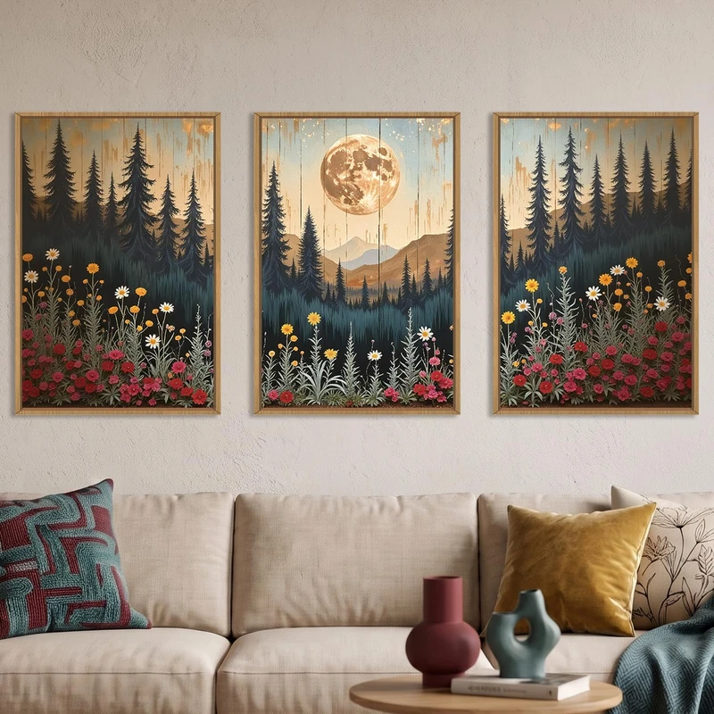 Ausril Vintage Moon Wildflower Framed Canvas Wall Art Set- 16''x24''x3