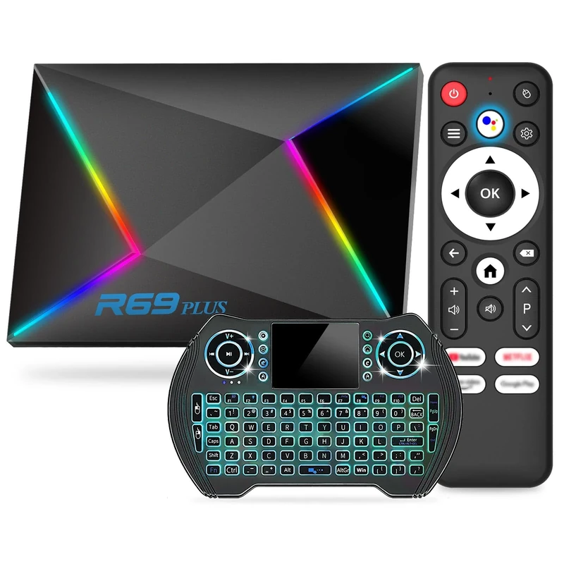 Android 14.0 TV Box 4GB RAM 64GB ROM, 2025 TV Box Android Wi-Fi 6 2.4G/5.8G 1000M Ethernet 8K 4K H728 Octa core BT 5.0 USB 3.0 R69 Plus Android Box with Mini Wireless Keyboard