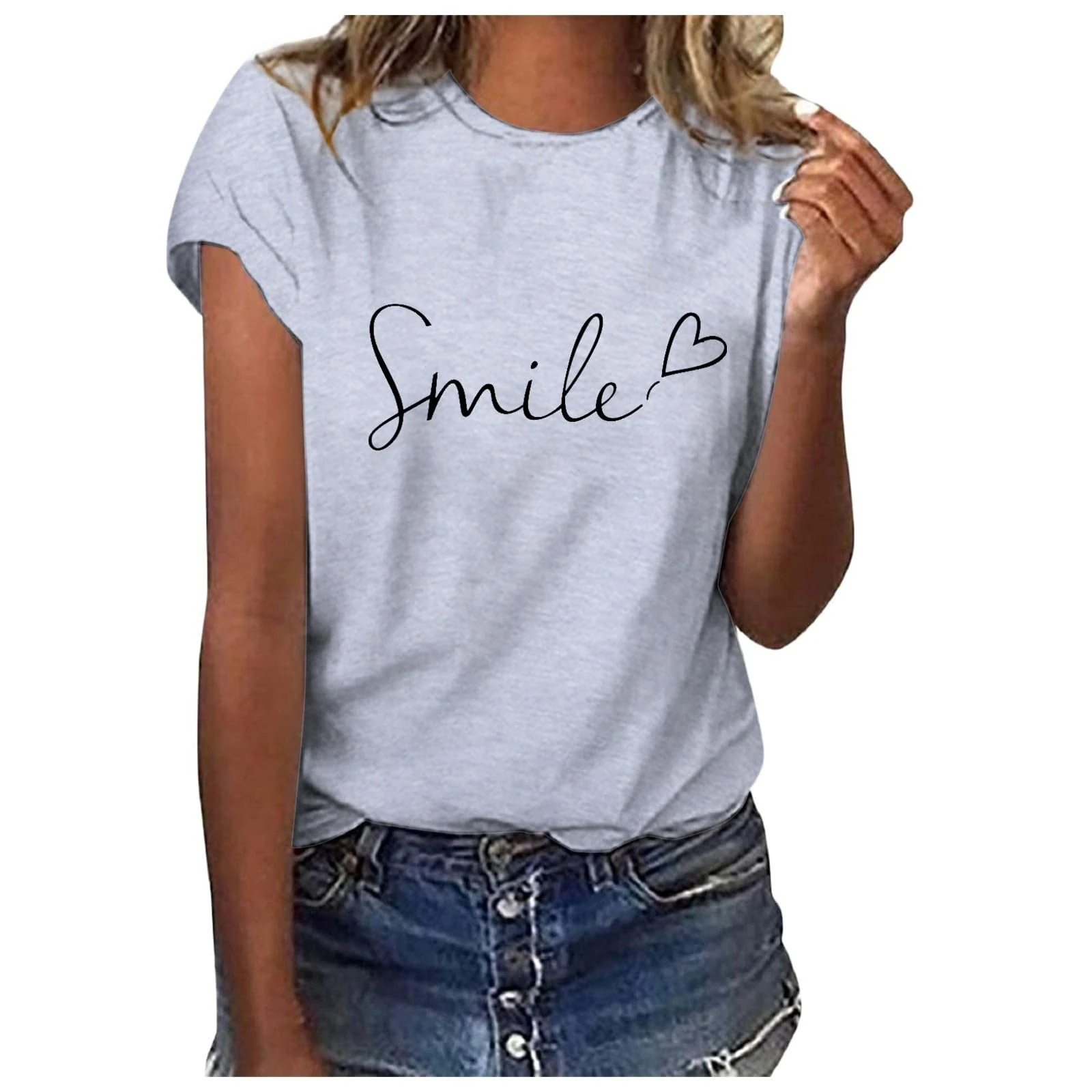 Women's Smile Letter Print Crew Neck Regular Fit T Shirt Summer Comfy Soft Short Sleeve Pullover Tops Ladies Fashion Tees Going Out Tops