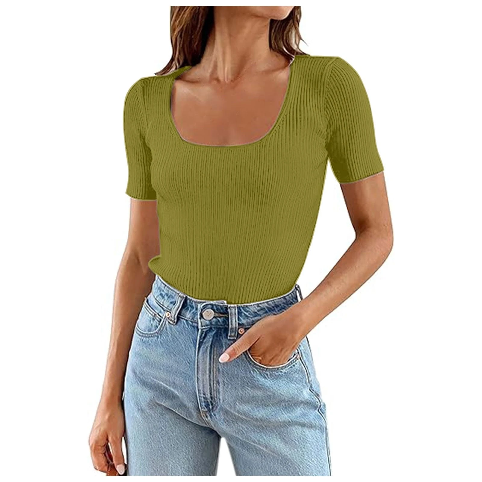 PAIDAXING Knit Tops for Women UK Casual Scoop Neck Short Sleeve Ribbrn Crop Tops Slim Fit Solid Color Basic Tees Ladies Summer Trendy Tight Blouse T Shirts Green