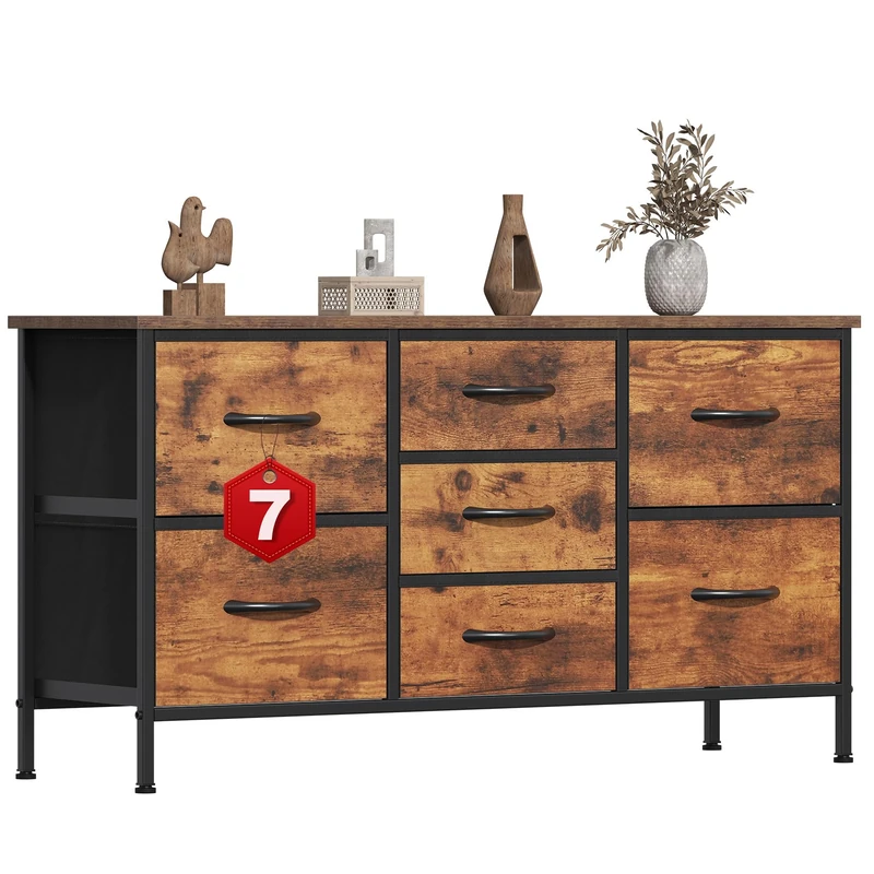 GoaHi Chest of Drawers, Small Dressers with Metal Frame and MDF Wooden Top Board, Adjustable Feet, Anti-Tip Safety, Storage Unit with 7 Drawers for Bedroom, Living Room, Closet, Office Rustic Brown