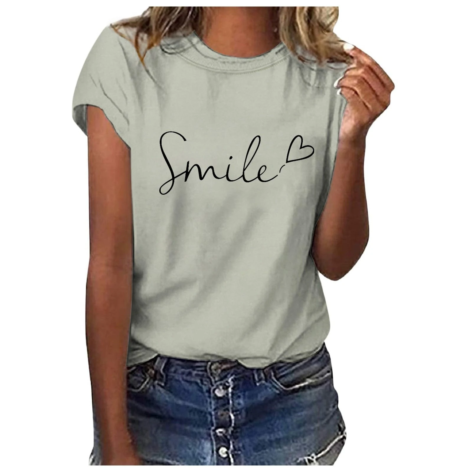 Women's Smile Letter Print Crew Neck Regular Fit T Shirt Summer Comfy Soft Short Sleeve Pullover Tops Ladies Fashion Tees Going Out Tops