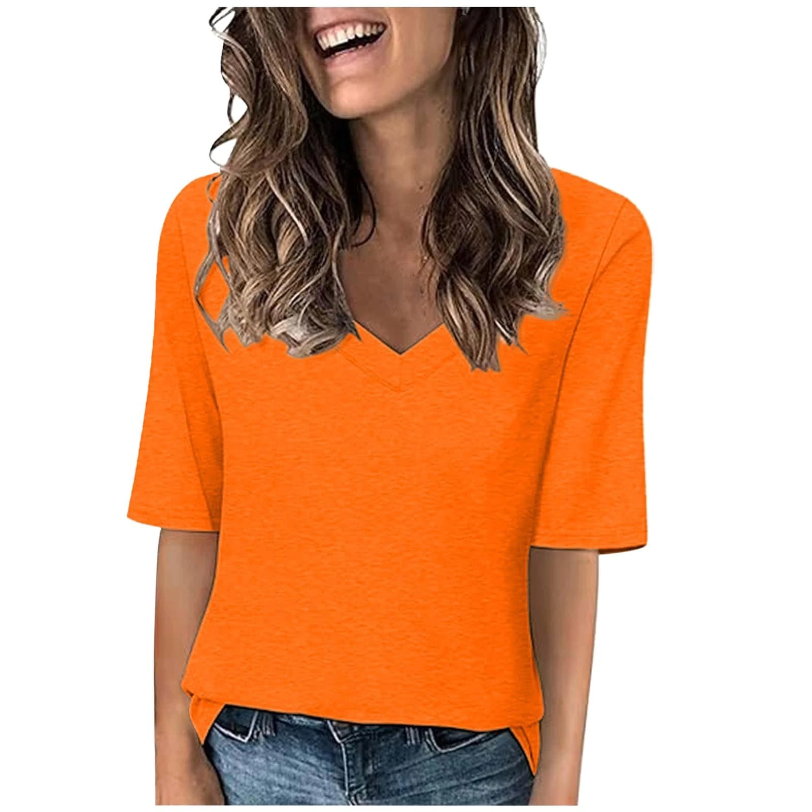 Summer Tops for Women UK Casual V Neck Half Sleeve Solid Color T Shirts Regular Fit Tee Blouses Ladies Loose Comfy Tunic Tops Shirts 2025