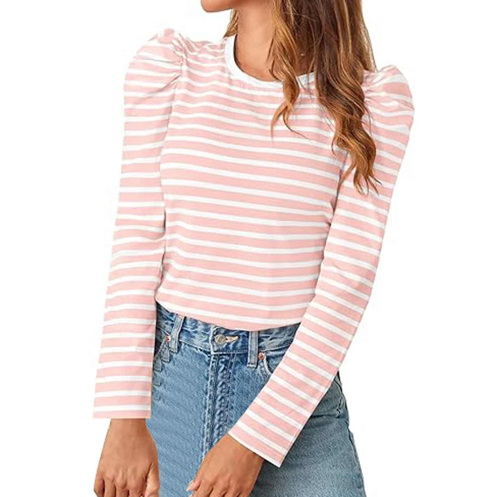 Striped Tops for Women UK Fashion Fitted Puff Long Sleeve Round Neck Tee Blouse Ladies Summer Spring Casual Stripes Tunic Tops Undershirts Pink