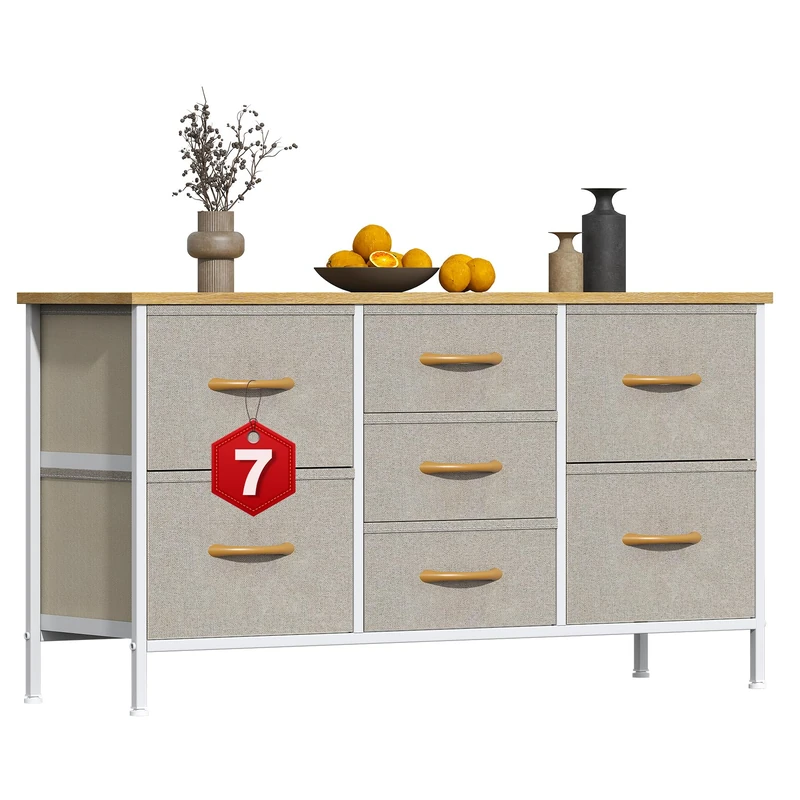GoaHi Chest of Drawers, Small Dressers with Metal Frame and MDF Wooden Top Board, Adjustable Feet, Anti-Tip Safety, Storage Unit with 7 Drawers for Bedroom, Living Room, Closet, Office Beige