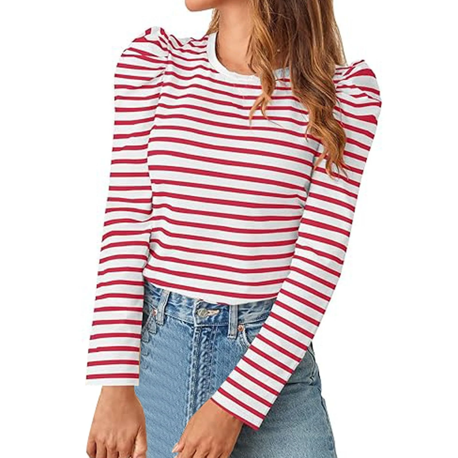 Striped Tops for Women UK Fashion Fitted Puff Long Sleeve Round Neck Tee Blouse Ladies Summer Spring Casual Stripes Tunic Tops Undershirts Red