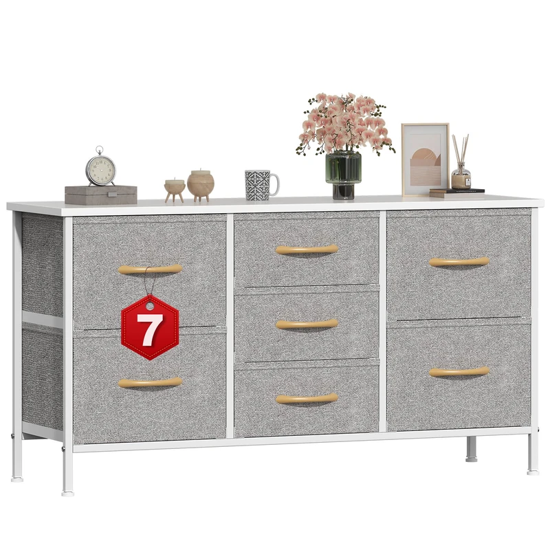 GoaHi Chest of Drawers, Small Dressers with Metal Frame and MDF Wooden Top Board, Adjustable Feet, Anti-Tip Safety, Storage Unit with 7 Drawers for Bedroom, Living Room, Closet, Office Light Gray