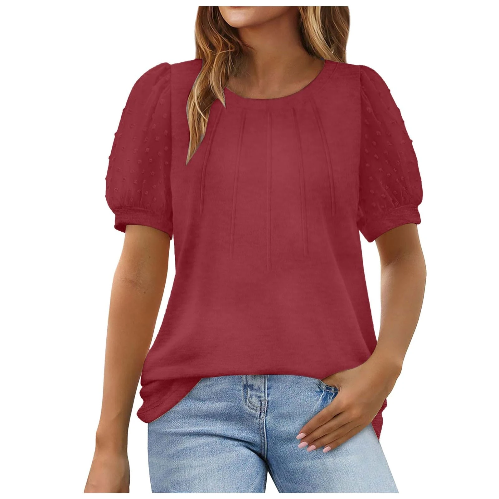Tops for Women UK Crew Neck Puff Short Sleeve Dressy Blouse Shirts Loose Fit Solid Color Ladies Summer Casual Work Office Tee Tops 2025 Wine