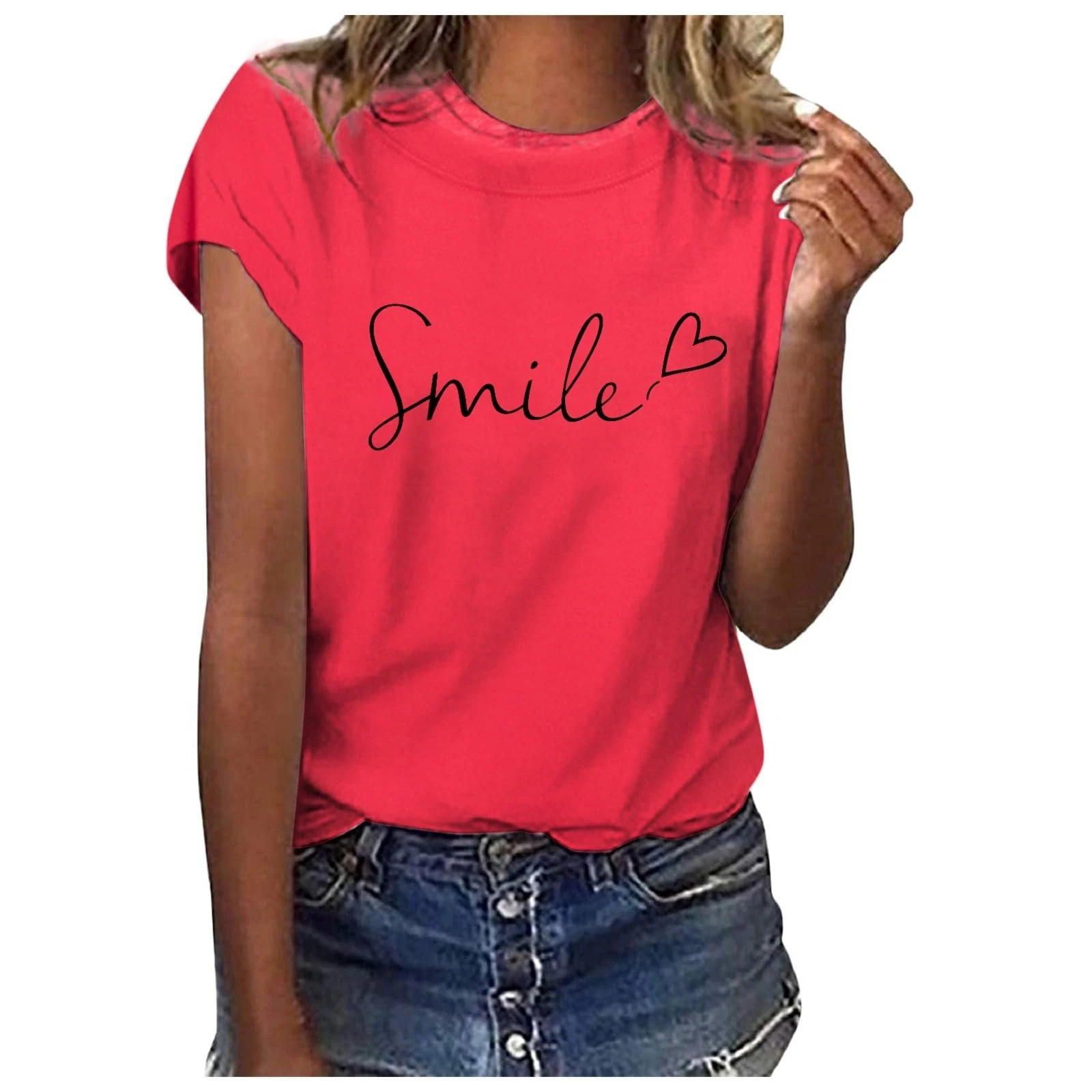 Women's Smile Letter Print Crew Neck Regular Fit T Shirt Summer Comfy Soft Short Sleeve Pullover Tops Ladies Fashion Tees Going Out Tops